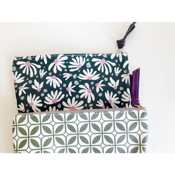Brand New Two Navy Floral Green Abstract Prints Cosmetic Bag Purse NWOT 6"L - Picture 8 of 12